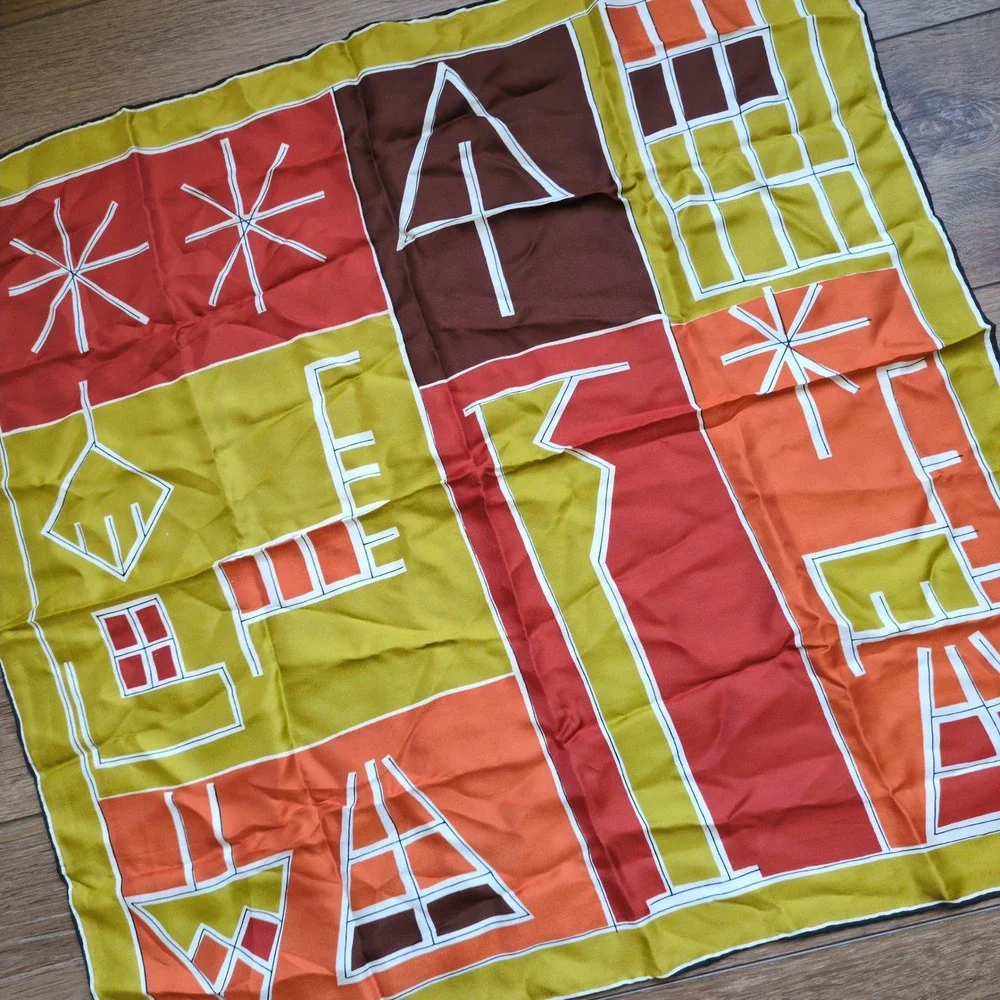 Vtg Vera Neumann Geometric Silk Scarf Retro Yellow Orange Brown Logo MCM Modern